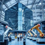 A modern business and industrial development scene featuring a sleek corporate building with glass facades, surrounded by advanced manufacturing facilities, robotic arms in operation, engineers in professional attire reviewing data on tablets, and a subtle digital overlay of growth charts and network connections symbolizing innovation and progress, all in a clean, high-detail, professional aesthetic