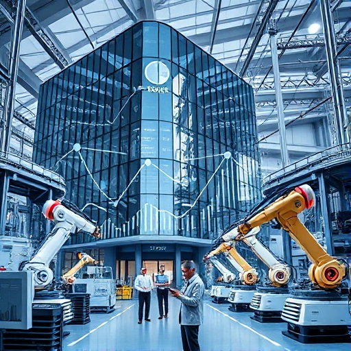 A modern business and industrial development scene featuring a sleek corporate building with glass facades, surrounded by advanced manufacturing facilities, robotic arms in operation, engineers in professional attire reviewing data on tablets, and a subtle digital overlay of growth charts and network connections symbolizing innovation and progress, all in a clean, high-detail, professional aesthetic