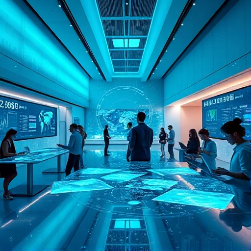 A modern digital innovation hub with sleek futuristic architecture, glowing holographic displays showing data streams, diverse young professionals collaborating at transparent touchscreen tables, soft ambient blue and cyan lighting, subtle circuit-pattern textures on walls, minimalist design, high detail, 8K resolution