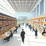 A modern university campus with students studying in a bright library, engineers working in a high-tech lab, and a graduation ceremony with diplomas being handed out, all symbolizing the path to success at TuvPoliteh, in a clean, professional, and inspiring visual style