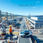A modern industrial landscape with advanced manufacturing facilities, robotic arms assembling high-tech components, engineers in safety gear reviewing digital blueprints on tablets, solar panels on factory roofs, and sleek electric vehicles being transported via automated conveyors, all under a clear blue sky with subtle digital data overlays suggesting Industry 4.0 innovation