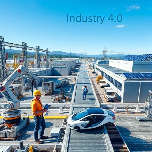 A modern industrial landscape with advanced manufacturing facilities, robotic arms assembling high-tech components, engineers in safety gear reviewing digital blueprints on tablets, solar panels on factory roofs, and sleek electric vehicles being transported via automated conveyors, all under a clear blue sky with subtle digital data overlays suggesting Industry 4.0 innovation