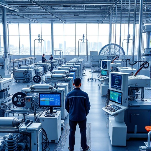 A modern industrial enterprise with sleek, high-tech machinery, automated production lines, digital control panels, and engineers in smart uniforms monitoring systems, set in a bright, spacious factory with large windows showing a city skyline in the background, conveying innovation and efficiency