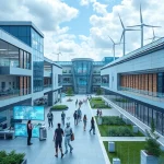 A futuristic university campus with advanced technology labs, students collaborating on holographic displays, robotic assistants, and sleek modern architecture blending with green energy solutions like solar panels and wind turbines, symbolizing scientific progress and technological innovation