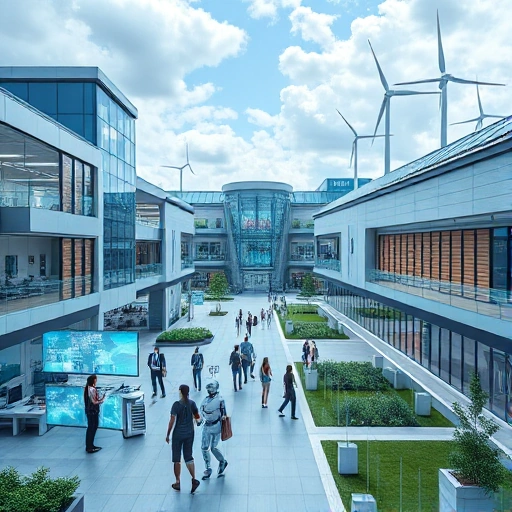 A futuristic university campus with advanced technology labs, students collaborating on holographic displays, robotic assistants, and sleek modern architecture blending with green energy solutions like solar panels and wind turbines, symbolizing scientific progress and technological innovation