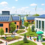 A modern university campus with solar panels on buildings, students planting trees, recycling stations, and green energy symbols like wind turbines in the background, all in a clean, realistic, educational setting representing sustainable development at a technical university