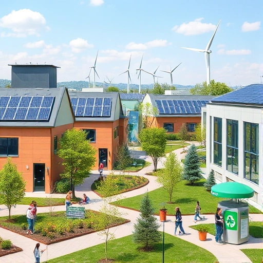 A modern university campus with solar panels on buildings, students planting trees, recycling stations, and green energy symbols like wind turbines in the background, all in a clean, realistic, educational setting representing sustainable development at a technical university