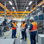A modern industrial workshop with clean, organized machinery, engineers in safety gear reviewing blueprints, automated production lines, and digital displays showing efficiency metrics, all in bright, professional lighting with a focus on precision and quality