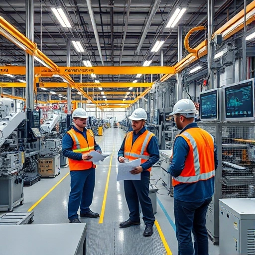 A modern industrial workshop with clean, organized machinery, engineers in safety gear reviewing blueprints, automated production lines, and digital displays showing efficiency metrics, all in bright, professional lighting with a focus on precision and quality