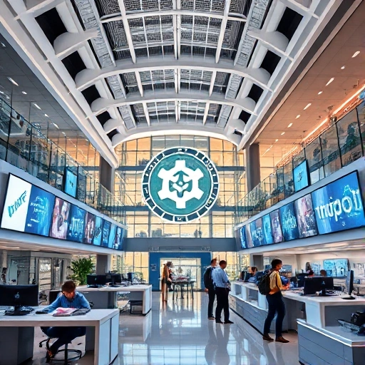 A modern university campus with futuristic architecture, students collaborating in high-tech labs, digital screens displaying engineering projects, and a subtle emblem of 'tuvpoliteh' integrated into the design, conveying innovation and academic growth
