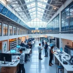 A modern university campus with innovative technology labs, students collaborating on robotics and AI projects, sustainable architecture with solar panels, digital displays showing data analytics, diverse group of young engineers working in bright, open spaces, futuristic yet realistic educational environment
