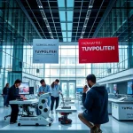 A modern university campus in Tashkent with sleek glass buildings, students collaborating in a high-tech lab with robotics and AI equipment, banners showing 'Tuvpoliteh' and 'Innovative Developments' in Uzbek and English, futuristic design elements, daylight, clean and inspiring atmosphere