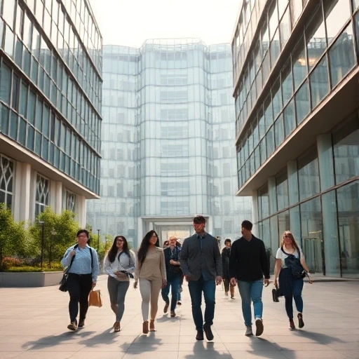A modern university campus with students in professional attire walking toward a futuristic office building, symbolizing career growth and opportunities, with subtle icons of engineering and technology like gears and circuit patterns integrated into the architecture, soft natural lighting, diverse group of young adults, hopeful and aspirational atmosphere