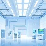 A modern, professional illustration of a technology company named TuVPoliteh, showing sleek engineering solutions such as automated systems, clean energy infrastructure, and digital control panels in a minimalist, high-tech environment with soft blue and white lighting, abstract circuit patterns subtly integrated into the background, no text or logos visible