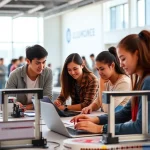 A modern university campus scene with students collaborating in a high-tech lab, focusing on key competencies like critical thinking, digital literacy, teamwork, and innovation; diverse group of young adults working on laptops and 3D printers, bright natural light, clean minimalist design, subtle university branding in background, no text visible