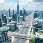 A futuristic cityscape showcasing advanced tuvpoliteh technologies with sleek solar-powered infrastructure, autonomous vehicles, and green energy systems integrated into urban architecture, rendered in smallHQ style