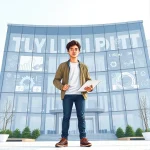 A modern, professional illustration of a young person starting a career at tuvpoliteh, standing confidently in front of a sleek tech campus building with digital screens showing engineering projects, wearing smart casual attire, holding a tablet with schematics, surrounded by subtle icons of innovation like gears, circuits, and data flows, bright natural lighting, clean minimalist aesthetic, no text or letters visible