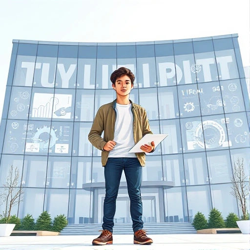 A modern, professional illustration of a young person starting a career at tuvpoliteh, standing confidently in front of a sleek tech campus building with digital screens showing engineering projects, wearing smart casual attire, holding a tablet with schematics, surrounded by subtle icons of innovation like gears, circuits, and data flows, bright natural lighting, clean minimalist aesthetic, no text or letters visible