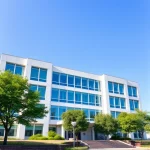 A modern university campus building with clean lines and bright windows, symbolizing quality improvement in education, surrounded by green trees and a clear blue sky, no text or letters visible