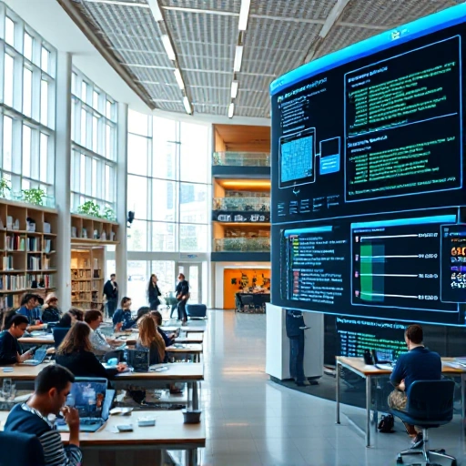 A modern university campus with students studying in a bright library, a professor giving a lecture in a high-tech classroom, and a digital interface showing engineering diagrams and code, symbolizing academic excellence and technological advancement, all in a clean, professional, and inspiring atmosphere