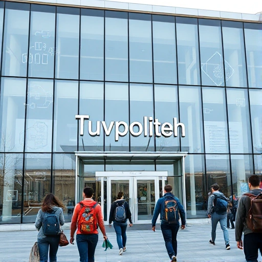 A modern university campus building with a sleek glass facade, labeled 'Tuvpoliteh' in minimalist Cyrillic lettering, students walking with backpacks, digital screens displaying engineering diagrams and code snippets, soft daylight, clean architectural lines, subtle tech-themed details like circuit patterns etched into glass, no text overlays or visible signs beyond the building name