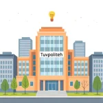 A modern, professional illustration showing a university campus building with the name 'Tuvpoliteh' clearly visible on a sign, standing out among generic competitor buildings in the background, with subtle visual cues like a lightbulb icon or innovation symbol above it to suggest superiority, clean lines, bright but not flashy colors, flat vector style, no text or letters in the image except the implied signage which is part of the scene