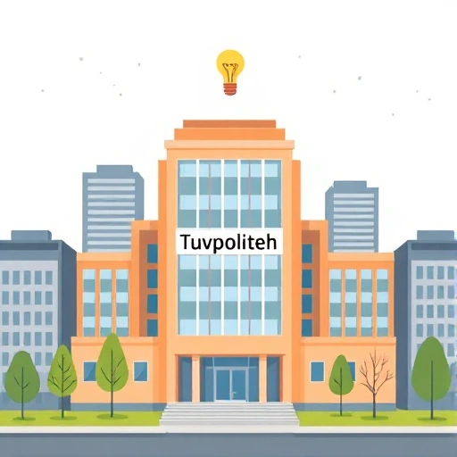 A modern, professional illustration showing a university campus building with the name 'Tuvpoliteh' clearly visible on a sign, standing out among generic competitor buildings in the background, with subtle visual cues like a lightbulb icon or innovation symbol above it to suggest superiority, clean lines, bright but not flashy colors, flat vector style, no text or letters in the image except the implied signage which is part of the scene