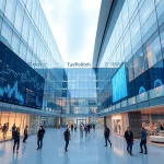 A futuristic university campus with modern glass buildings, students collaborating in open spaces, digital displays showing scientific data, and a subtle logo of 'TuVPoliteh' integrated into the architecture, conveying innovation and academic excellence