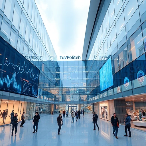 A futuristic university campus with modern glass buildings, students collaborating in open spaces, digital displays showing scientific data, and a subtle logo of 'TuVPoliteh' integrated into the architecture, conveying innovation and academic excellence