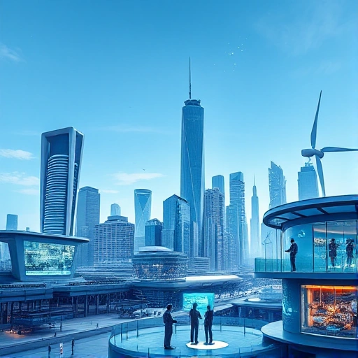 A modern, futuristic cityscape with sleek high-tech buildings, glowing digital interfaces, scientists and engineers collaborating in a high-tech lab with holographic displays, advanced robotics, and sustainable energy systems like solar panels and wind turbines integrated into architecture, all under a clear blue sky with subtle digital data streams floating in the air, conveying the harmony of science and technology in contemporary life