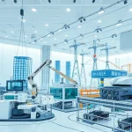 A modern engineering showcase featuring advanced technological innovations such as robotics, renewable energy systems, smart infrastructure, and cutting-edge machinery, symbolizing the best engineering achievements of TuVPoliteh, in a clean, futuristic, and inspiring setting with subtle academic and industrial elements