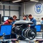 A modern engineering workshop with diverse engineers collaborating on a futuristic mechanical design, blueprints on digital screens, precision tools, and a subtle university emblem in the background, conveying innovation and technical excellence