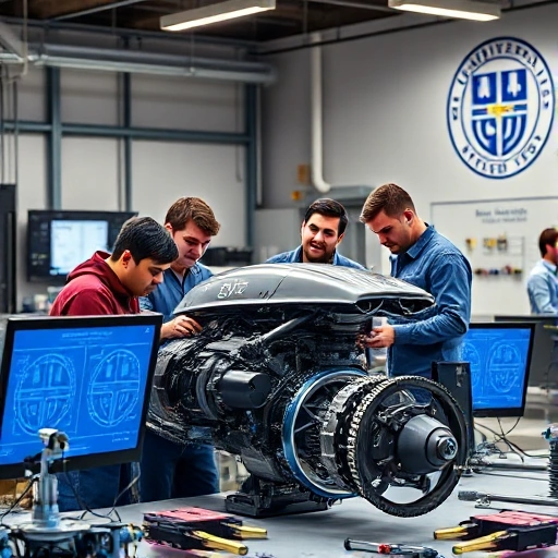 A modern engineering workshop with diverse engineers collaborating on a futuristic mechanical design, blueprints on digital screens, precision tools, and a subtle university emblem in the background, conveying innovation and technical excellence