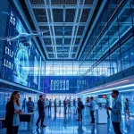 A modern university campus with futuristic technology elements: holographic displays, autonomous drones, students using AR glasses in a high-tech laboratory, sleek architecture with glass and steel, digital data streams flowing in the air, soft ambient lighting, representing 'tuvpoliteh: новые технологии'
