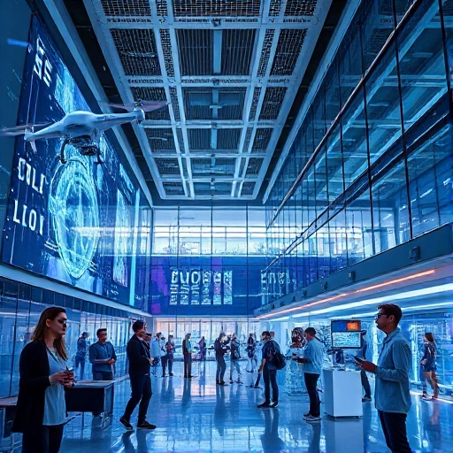 A modern university campus with futuristic technology elements: holographic displays, autonomous drones, students using AR glasses in a high-tech laboratory, sleek architecture with glass and steel, digital data streams flowing in the air, soft ambient lighting, representing 'tuvpoliteh: новые технологии'