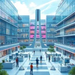 A futuristic university campus with modern glass buildings, students collaborating in high-tech labs, holographic displays showing scientific data, robots assisting in research, and a central monument symbolizing innovation and progress, all rendered in a clean, detailed, and vibrant smallHQ style