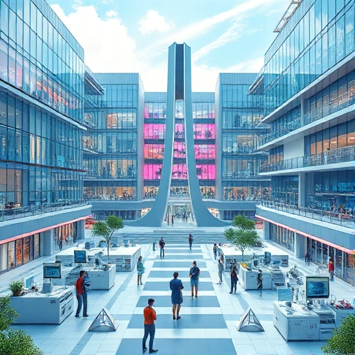 A futuristic university campus with modern glass buildings, students collaborating in high-tech labs, holographic displays showing scientific data, robots assisting in research, and a central monument symbolizing innovation and progress, all rendered in a clean, detailed, and vibrant smallHQ style