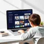 A modern online learning platform interface on a laptop screen showing educational content, with a student studying at a desk, soft natural lighting, minimalistic design, calm and focused atmosphere