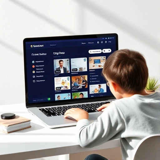 A modern online learning platform interface on a laptop screen showing educational content, with a student studying at a desk, soft natural lighting, minimalistic design, calm and focused atmosphere
