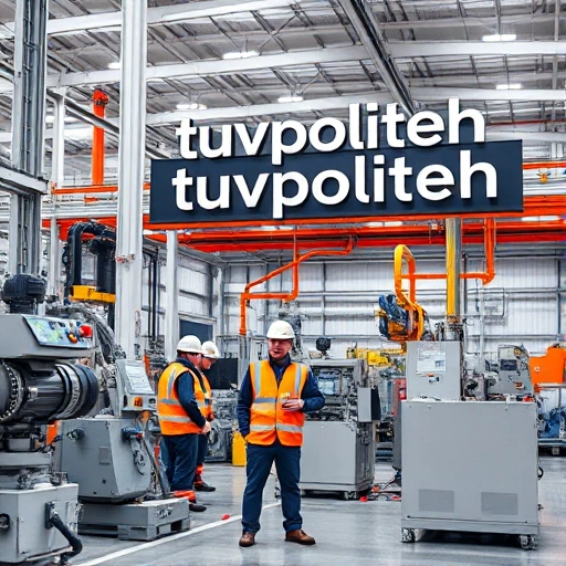 A modern industrial facility with machinery, engineers in safety gear, and a prominent sign reading 'tuvpoliteh' in a professional setting, conveying technological advancement and industrial expertise