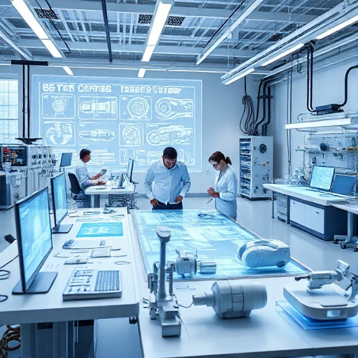 A modern engineering design studio with engineers collaborating on blueprints and 3D models of innovative technology, featuring sleek workstations, holographic displays, and prototypes of advanced machinery in a bright, high-tech environment