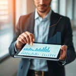 A modern professional setting with a person in business attire reviewing financial charts on a digital tablet, surrounded by subtle symbols of growth like upward-trending graphs and abstract network lines, conveying success and strategic business development, clean and minimalist composition