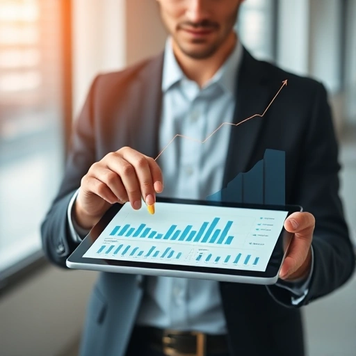A modern professional setting with a person in business attire reviewing financial charts on a digital tablet, surrounded by subtle symbols of growth like upward-trending graphs and abstract network lines, conveying success and strategic business development, clean and minimalist composition