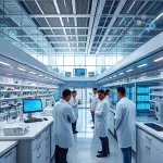A modern scientific research facility with sleek architecture, laboratories filled with advanced equipment, scientists in white coats collaborating, digital screens displaying data and formulas, subtle elements of innovation like glowing circuits and molecular structures in the background, conveying a sense of cutting-edge technological development and academic excellence