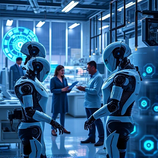 A futuristic technology development scene showing advanced robotics, AI interfaces, and engineers collaborating in a high-tech laboratory with glowing holographic displays and sleek modern equipment, symbolizing the progress of tuvpoliteh technologies