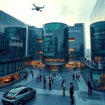 A modern, futuristic university campus named 'tuvpoliteh' in a global technological hub, featuring sleek glass buildings with digital displays showing code and innovation symbols, surrounded by autonomous vehicles, drones, and holographic interfaces, diverse international students collaborating in open tech labs, soft ambient lighting, high detail, cinematic atmosphere, no text or letters visible