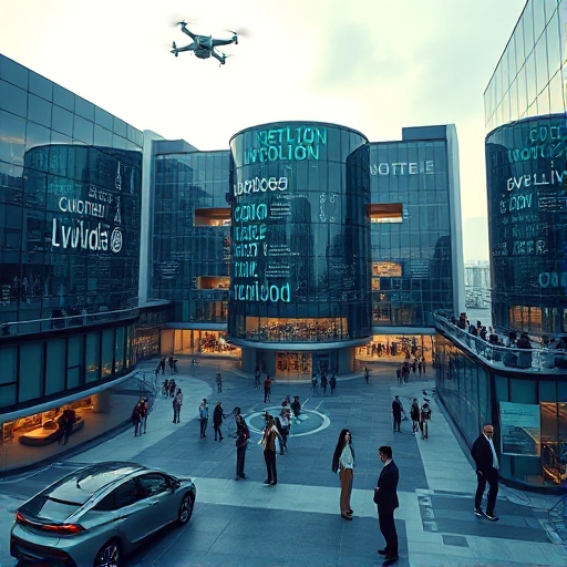 A modern, futuristic university campus named 'tuvpoliteh' in a global technological hub, featuring sleek glass buildings with digital displays showing code and innovation symbols, surrounded by autonomous vehicles, drones, and holographic interfaces, diverse international students collaborating in open tech labs, soft ambient lighting, high detail, cinematic atmosphere, no text or letters visible