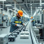 A modern industrial factory setting with engineers in safety gear inspecting high-quality products on a conveyor belt, close-up of precise manufacturing details, clean environment, professional atmosphere, subtle branding elements suggesting technical excellence