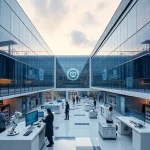 A modern university campus with futuristic technology labs, students working with robotics and AI interfaces, holographic displays showing data streams, sleek glass buildings with solar panels, and a subtle emblem of 'tuvpoliteh' integrated into the architecture, all in a clean, high-detail, smallHQ style