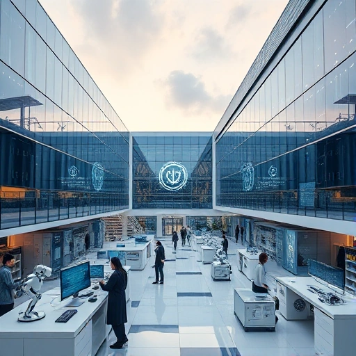 A modern university campus with futuristic technology labs, students working with robotics and AI interfaces, holographic displays showing data streams, sleek glass buildings with solar panels, and a subtle emblem of 'tuvpoliteh' integrated into the architecture, all in a clean, high-detail, smallHQ style